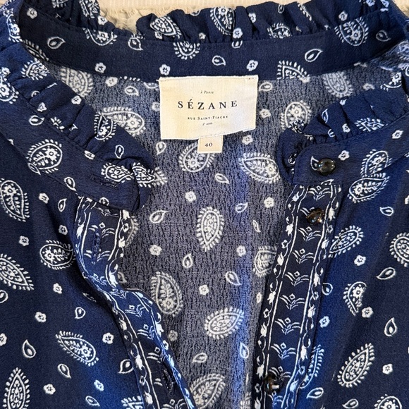SEZANE Capri Floral Long Sleeve Wrap Mini Dress in Bandana Blue sz US 8 / FR 40 - Picture 10 of 16